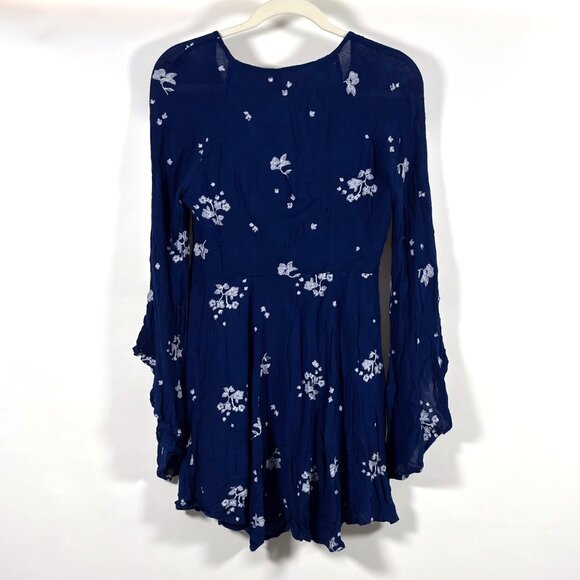 Free People Jasmine Embroidered Bell Sleeve Mini Dress Navy - Size 4 - Picture 3 of 7